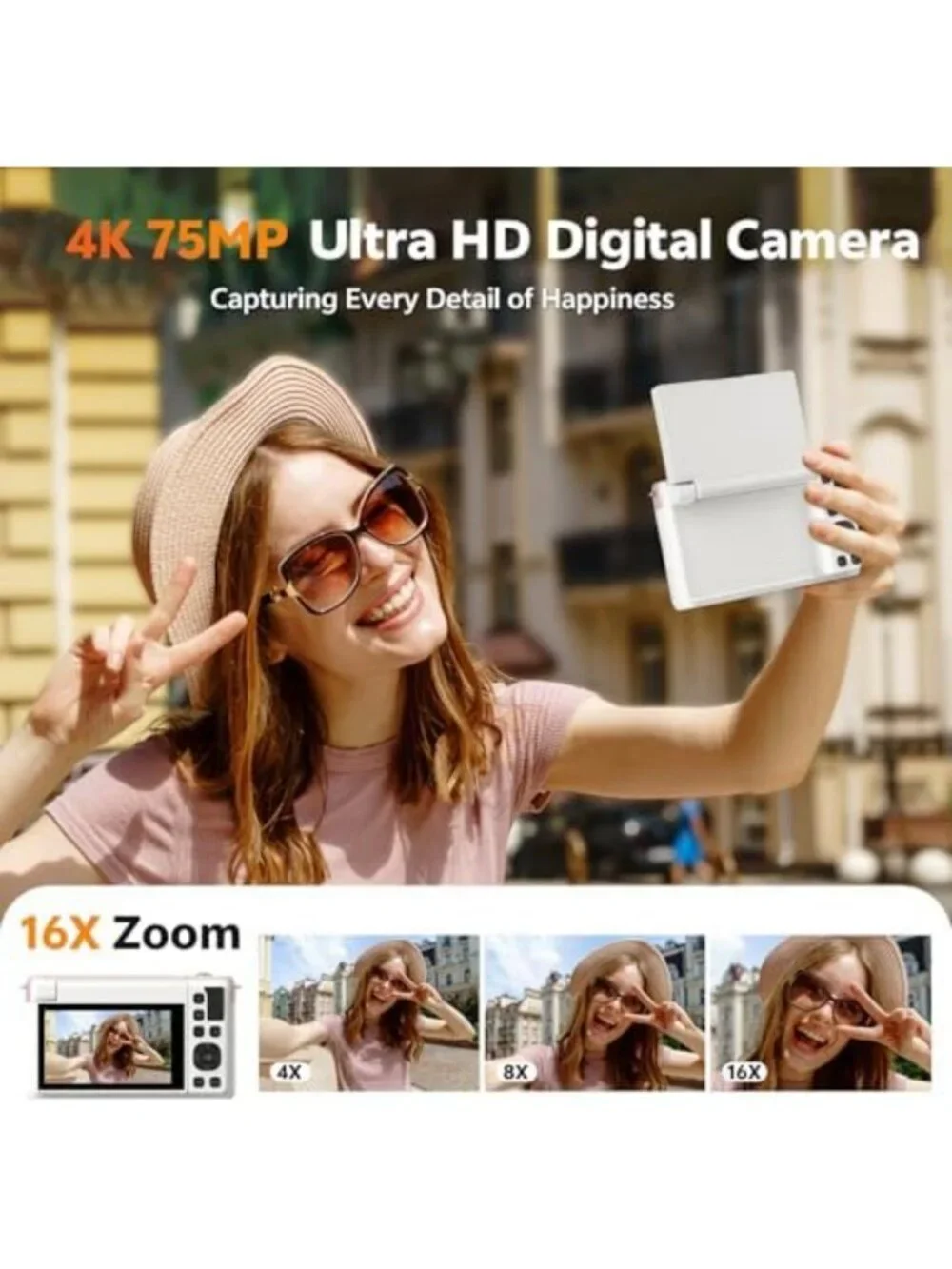 4K Digital Camera for Photography, Flip Screen, WiFi, Compact & Stylish Pink